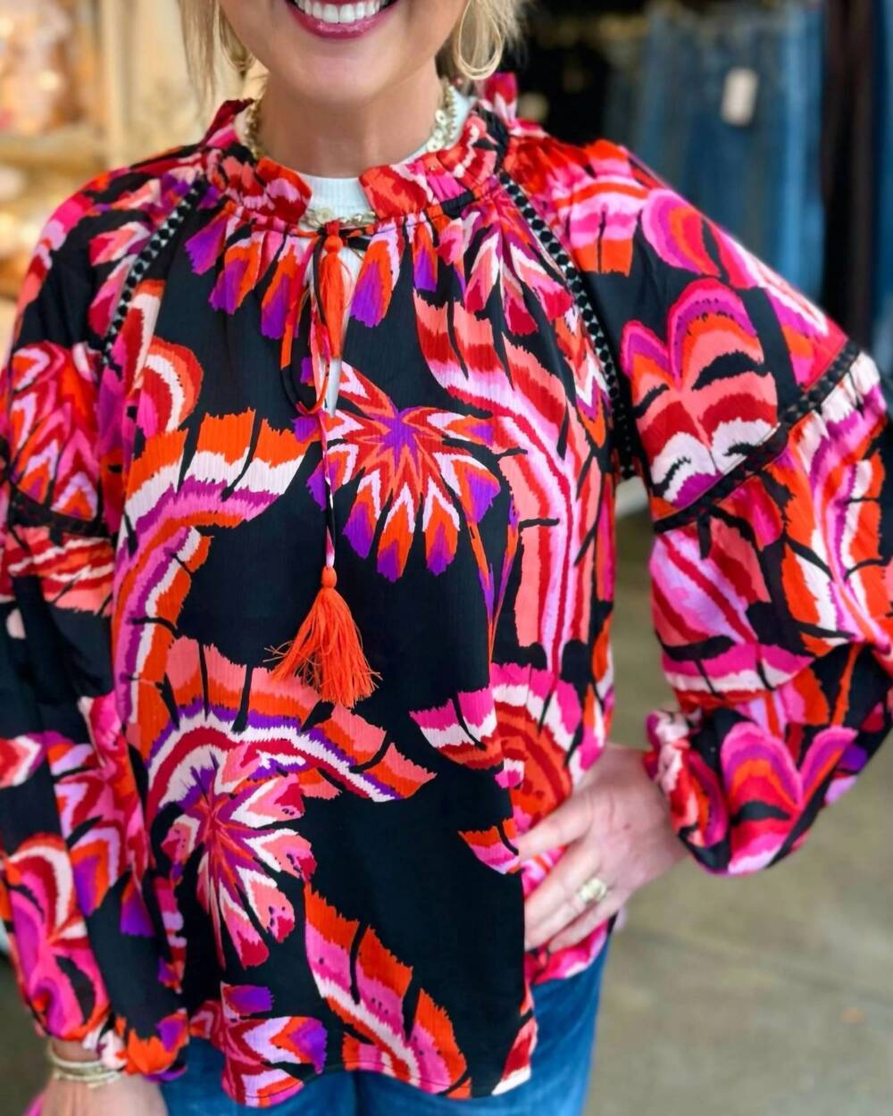 NEW JOY JOY feather art trimmed peasant top in black /pink/orange